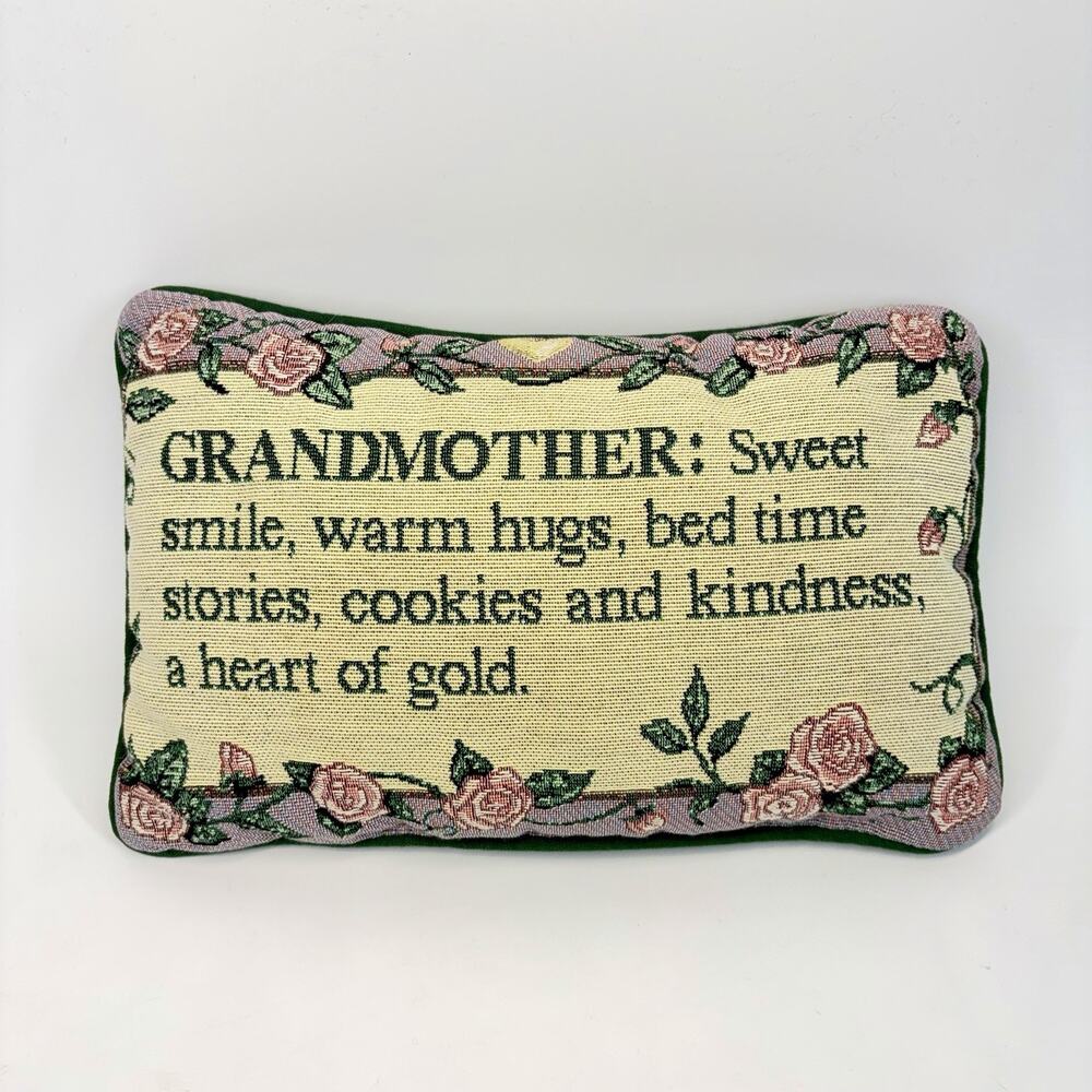 Tapestry Throw Pillow Grandmother Sweet Hugs Stories Cookies Roses Green VTG